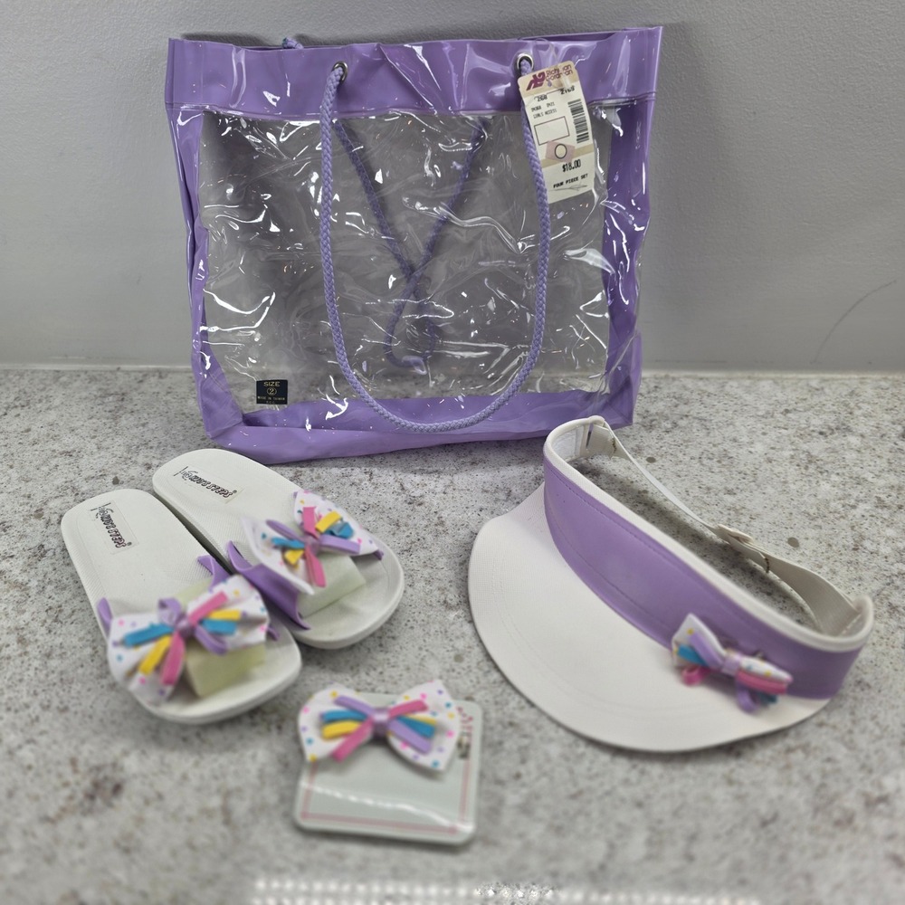Vintage Messina Girls 4pc Beach Set Sandals Visor Clear Bag Bow Purple Size 2
